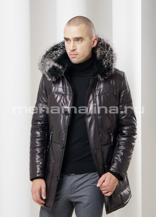 Кожаный пуховик удлиненный модель № ПМ-57 в кредит