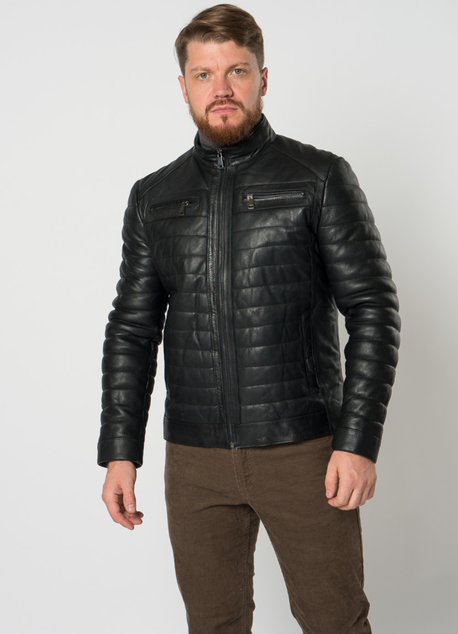 Утепленная куртка мото в черном цвете модель № 21615 меха малина