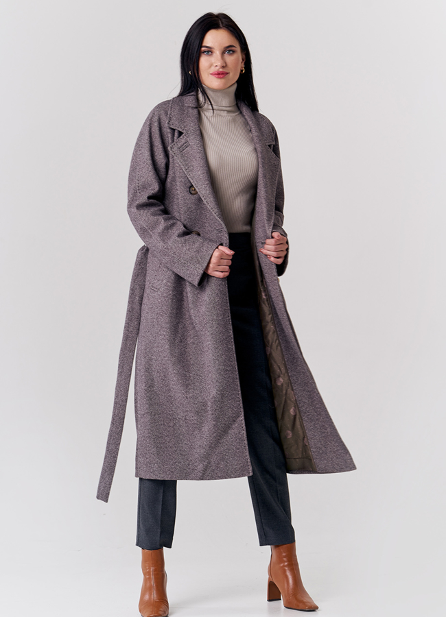 фото Утепленное пальто коричневого цвета с поясом модель № 21873