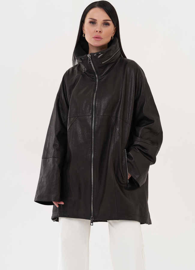 Кожаная удлиненная куртка черного цвета модель № 27142 меха малина Кожаная удлиненная куртка черного цвета модель № 27142 меха малина