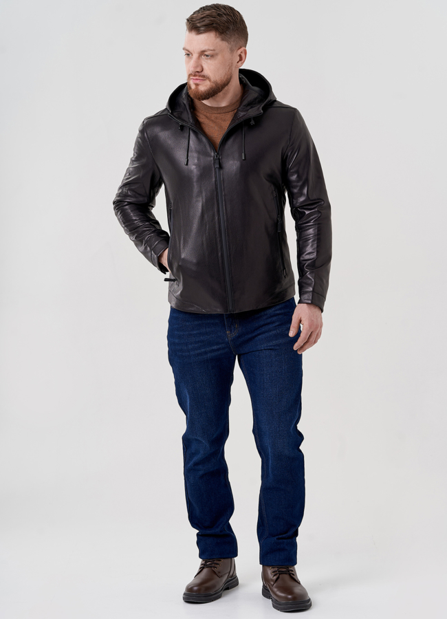 Кожаная куртка с капюшоном на молнии модель № 10980, 24371 в кредит