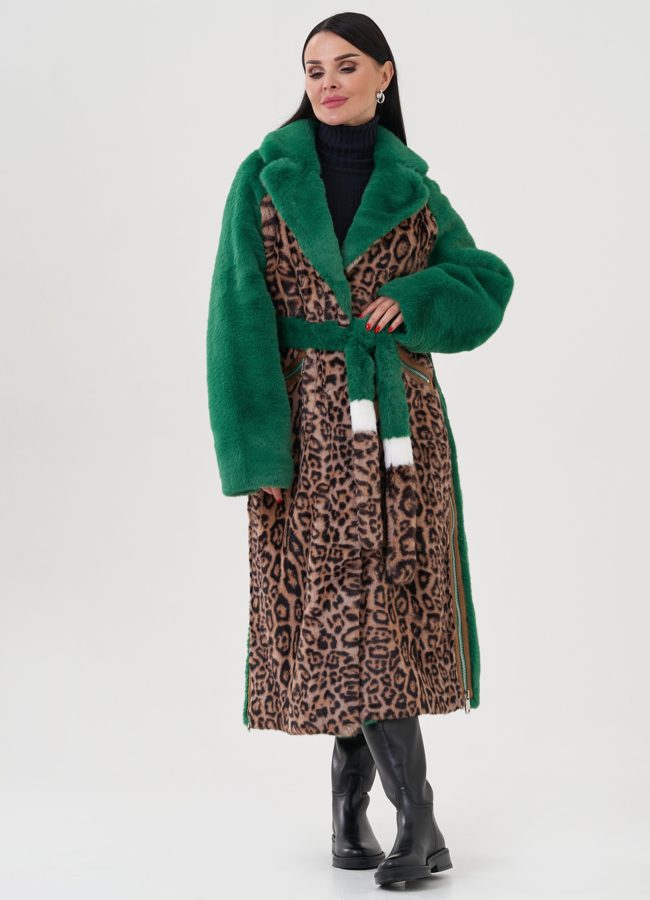 Пальто с анималистичным принтом из эко меха модель № 24916 меха малина