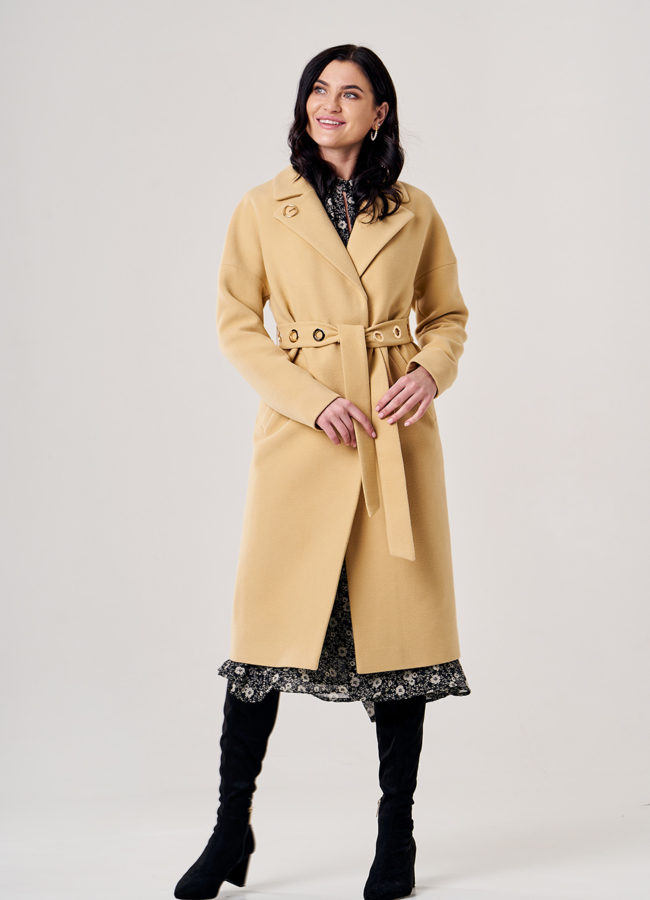 Пальто женское желтого цвета с поясом модель № 4-7038/20-021 в рассрочку Пальто женское желтого цвета с поясом модель № 4-7038/20-021 в рассрочку