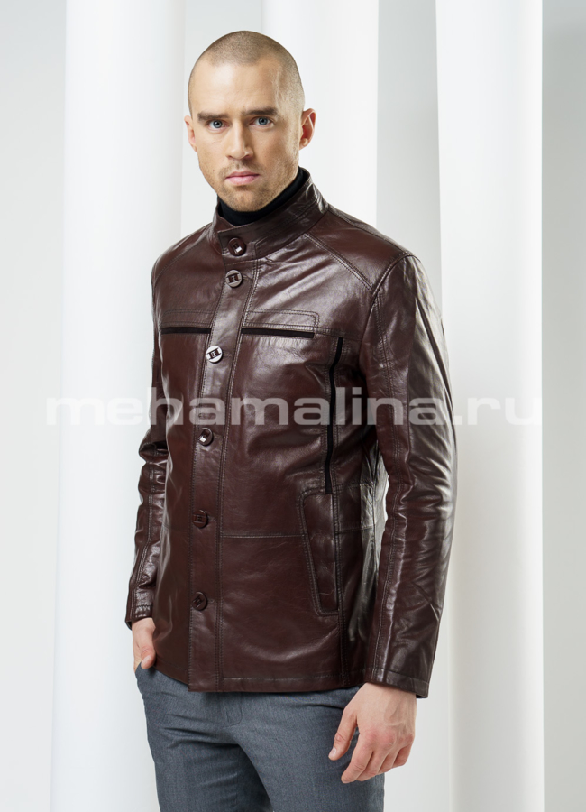 Кожаная куртка на пуговицах, цвет коричневый модель № KP-80 в кредит