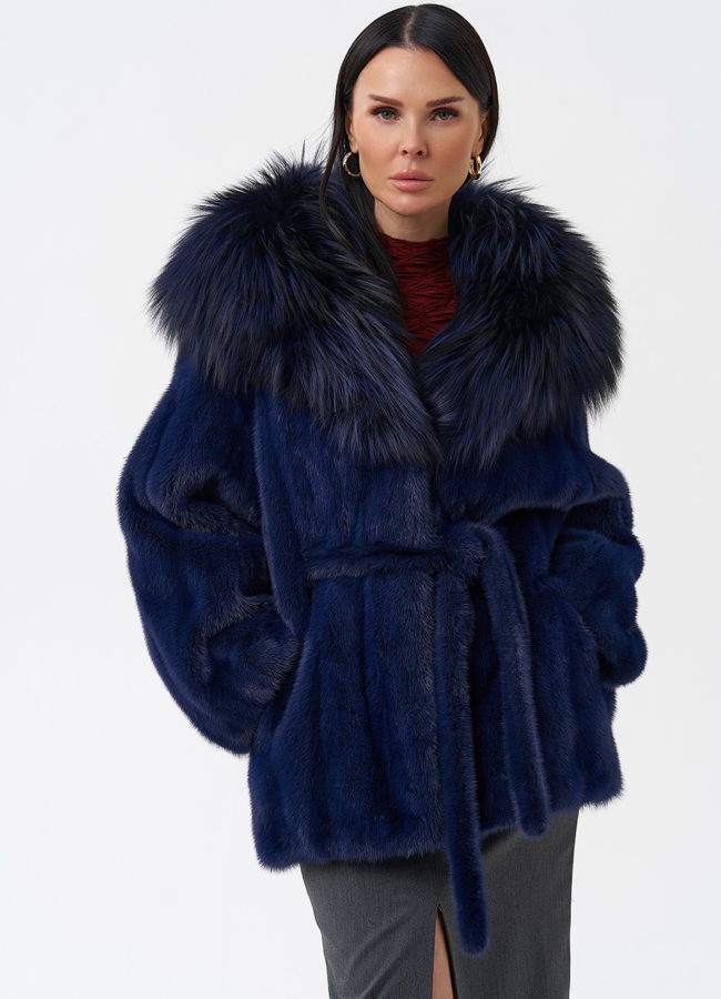 Синяя норковая шуба с капюшоном модель № 28098 универмаг малина