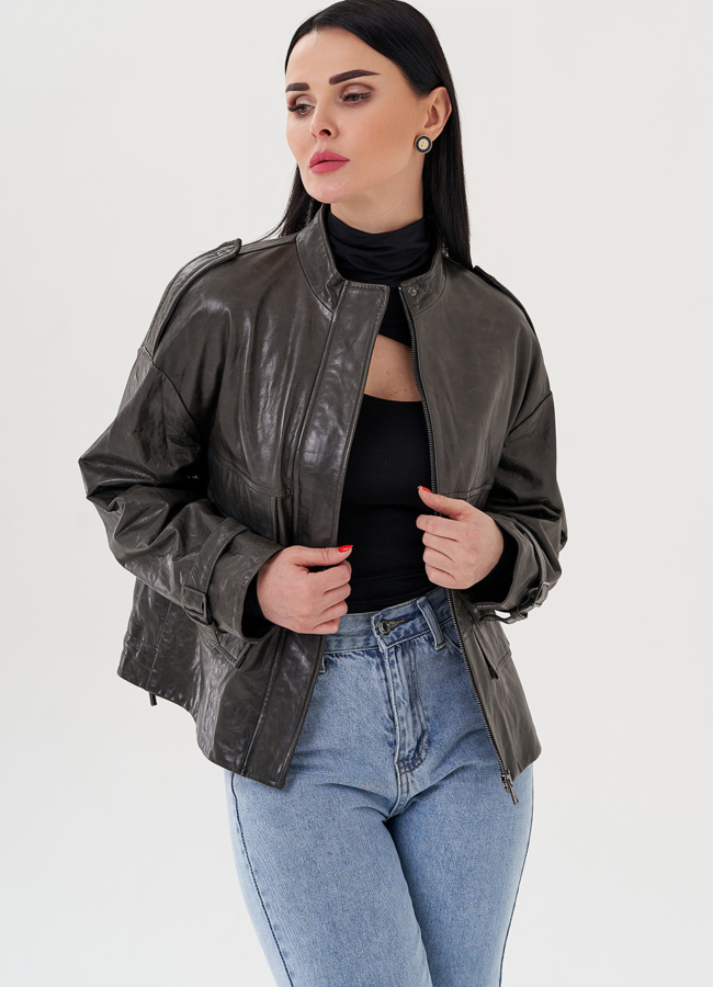 Куртка - рубашка из кожи серого цвета модель № 22515 меха малина