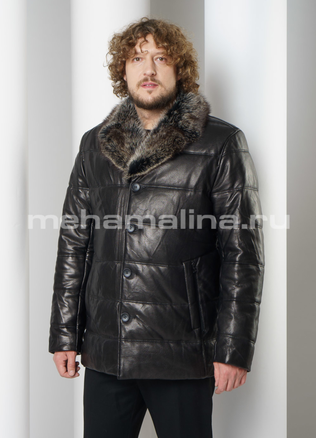Пуховик из натуральной кожи на пуговицах с английским воротником модель № ПМ-105 универмаг малина