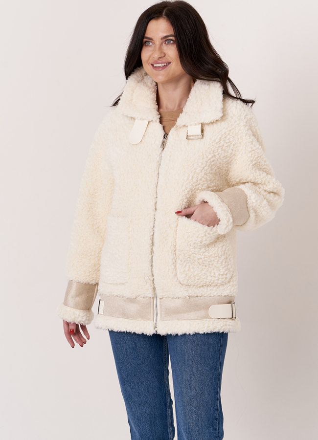 Куртка женская из шерсти в белом цвете модель № 19428 меха малина