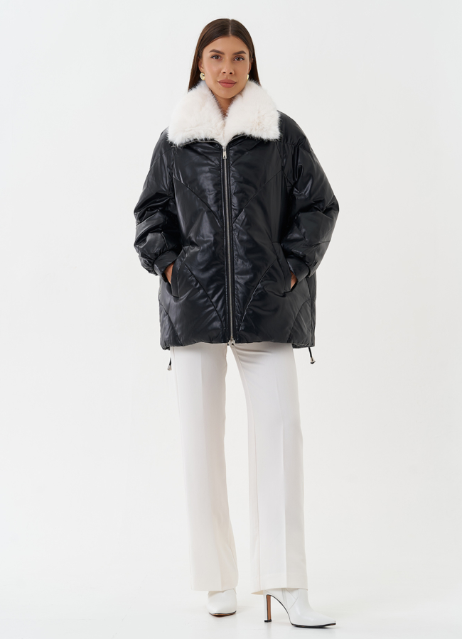 фото Пуховик из эко кожи с воротником из эко меха модель № 25468