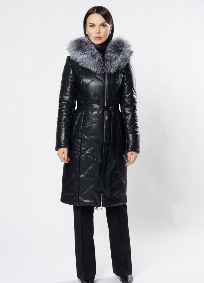 фото Удлиненный пуховик из эко кожи с капюшоном модель № 19346