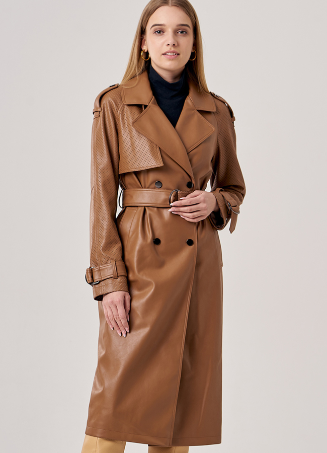 Коричневый тренч из искусственной кожи модель № 606 меха малина