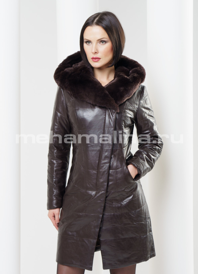 Кожаный плащ утепленный, капюшон rex модель № K-260 меха малина