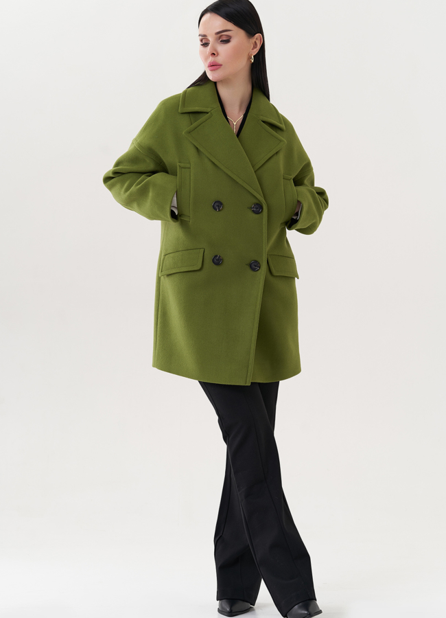 Двубортное пальто зеленого цвета модель № 26782 в кредит