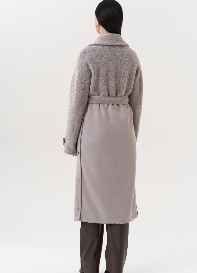 Удлиненнная эко дубленка под пояс модель № 26729 универмаг малина