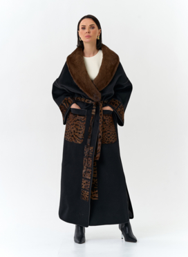 Женское длинное пальто с воротником из меха норки