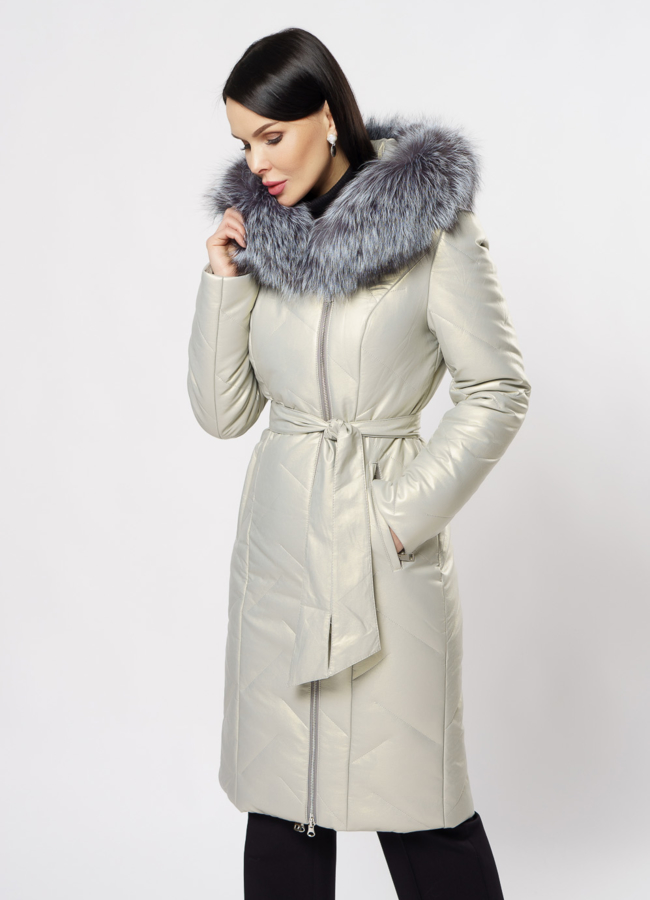 Удлиненный пуховик из эко кожи с чернобуркой модель № 19347 универмаг малина