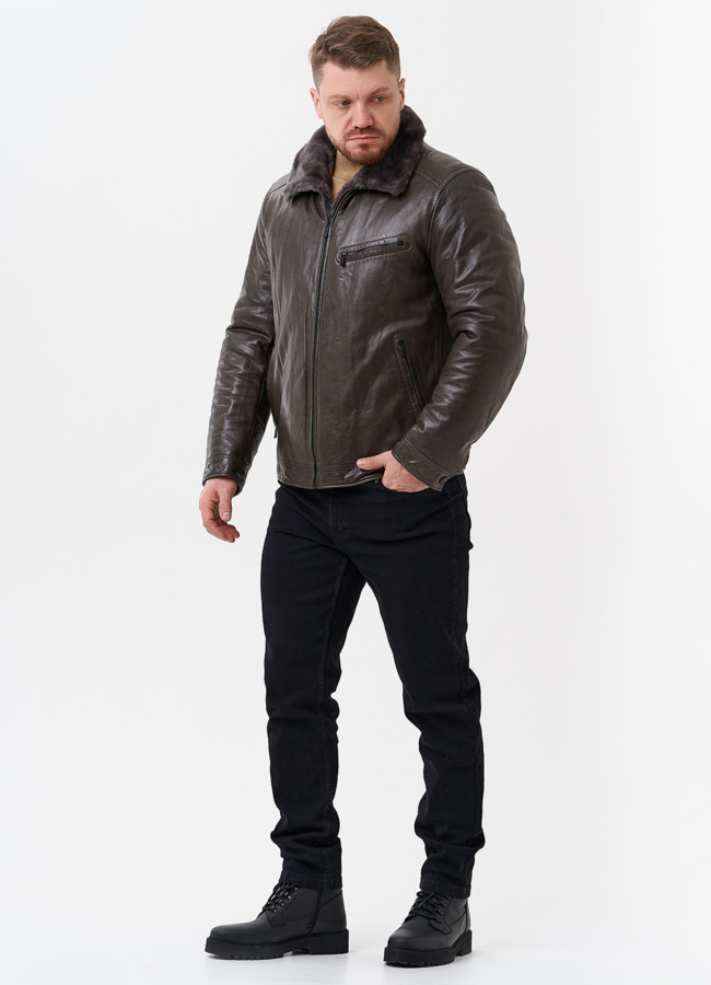 Пуховик из натуральной кожи с отделкой из овчины модель № 28948 в рассрочку