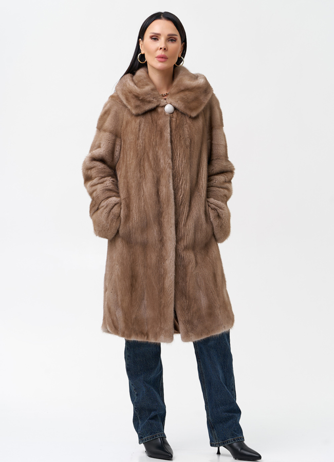 Шуба из норки бежевого цвета с капюшоном модель № 27773 универмаг малина