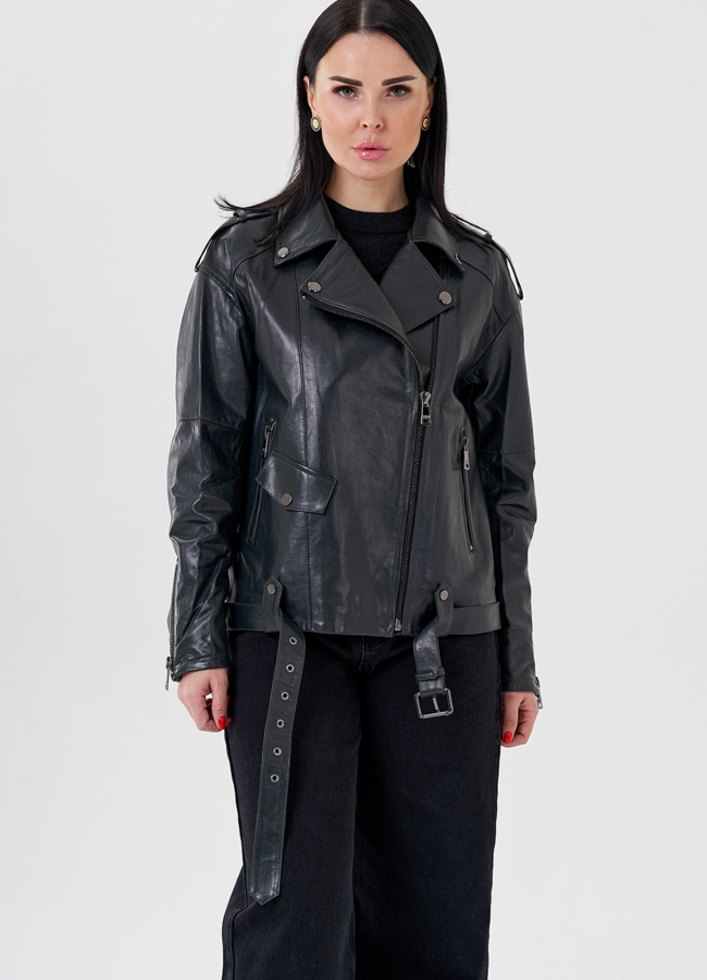 Женская куртка-косуха из натуральной кожи модель № 24086 меха малина