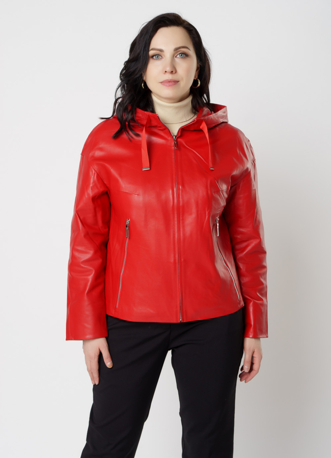 Красная кожаная куртка с капюшоном модель № 91208 универмаг малина