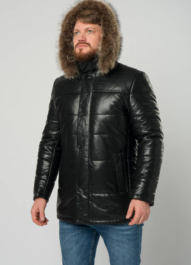 Мужской пуховик из эко кожи с капюшоном и отделкой из енота модель № 21967 универмаг малина
