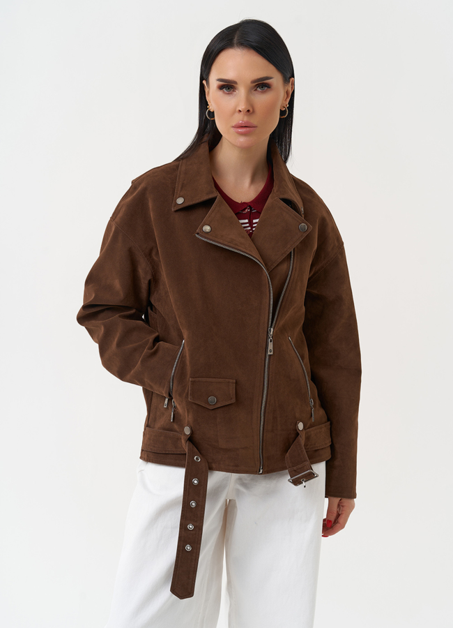 Куртка косуха из эко замши коричневого цвета модель № 30387 в кредит