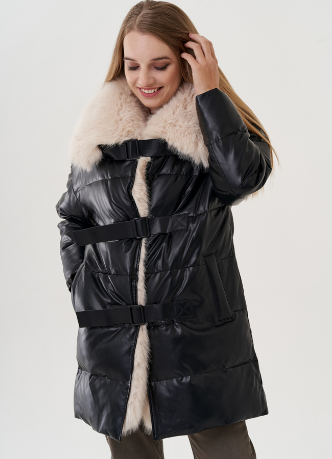 Пуховик из эко кожи с воротником из эко меха  модель № 24868 универмаг малина