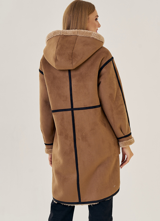 фото Женская эко дубленка с капюшоном модель № 22958