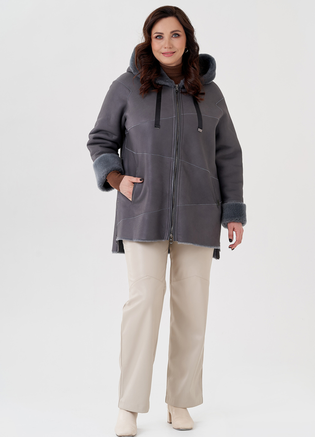 фото Женская дубленка с капюшоном модель № 23875