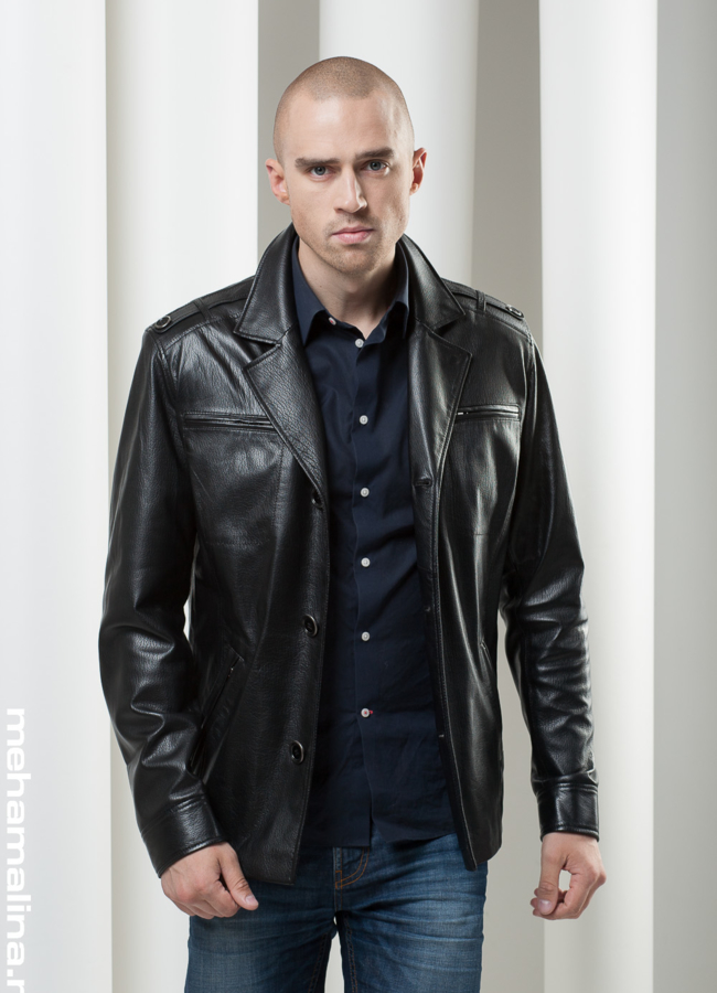 Кожаная куртка с английским воротником модель № KP-57 в кредит