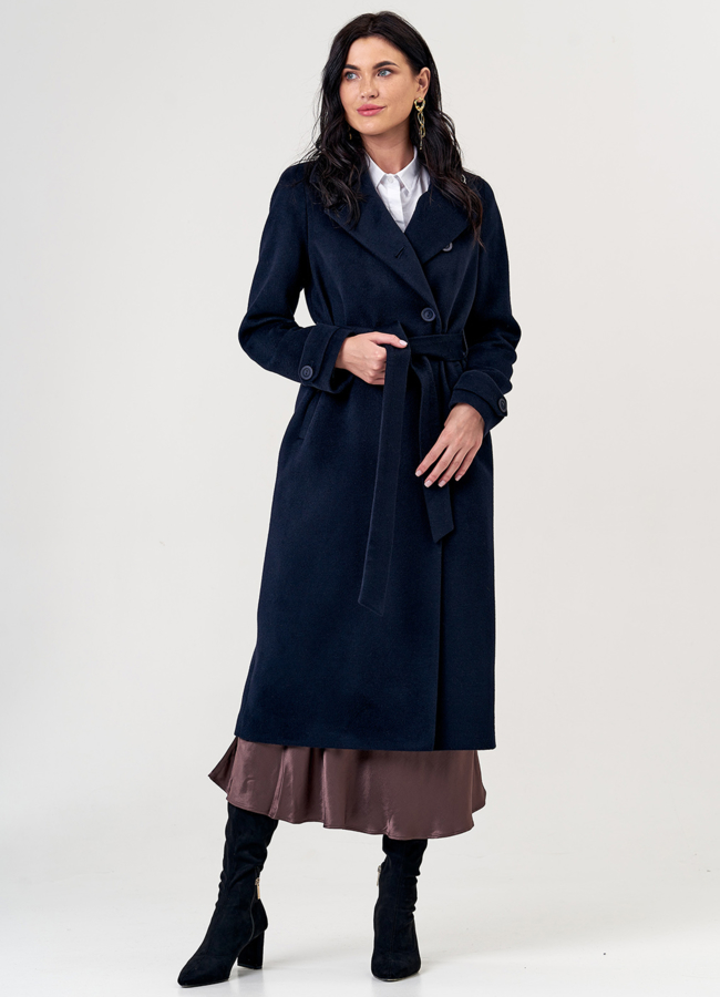 Женское пальто синего цвета с поясом модель № 21372 универмаг малина