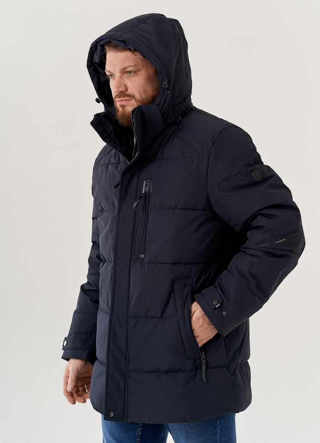 Мужской пуховик синего цвета с капюшоном  модель № 79628 в рассрочку