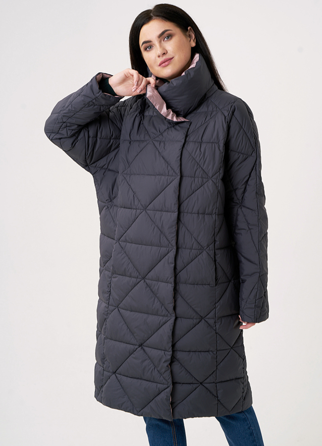 Пуховик на кнопках темно-серого цвета модель № 110143 меха малина