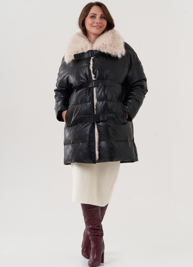 Пуховик из эко кожи с воротником из эко меха  модель № 24868 универмаг малина