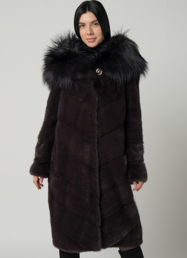 Длинная норковая шуба с капюшоном из чернобурки модель № 1603 универмаг малина