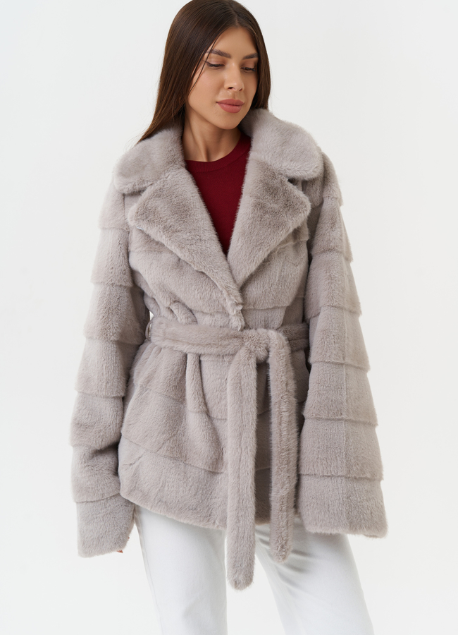 Шуба из эко меха с поясом модель № 27713 в кредит