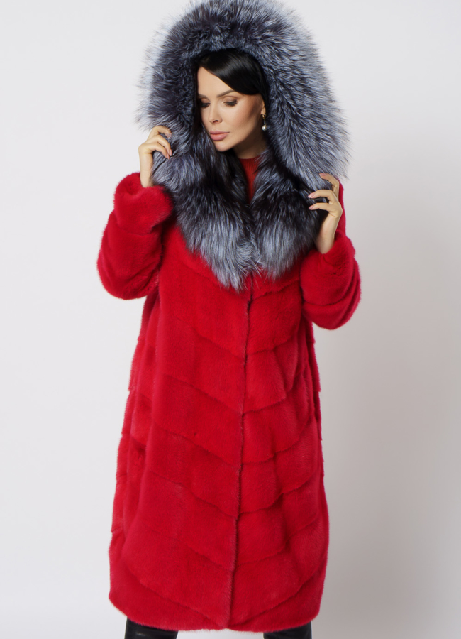 Шуба из норки красного цвета модель № 21687 меха малина