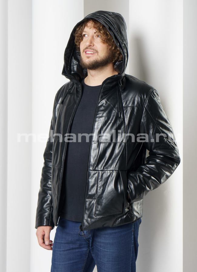 Кожаный пуховик с капюшоном модель № KP-236 универмаг малина