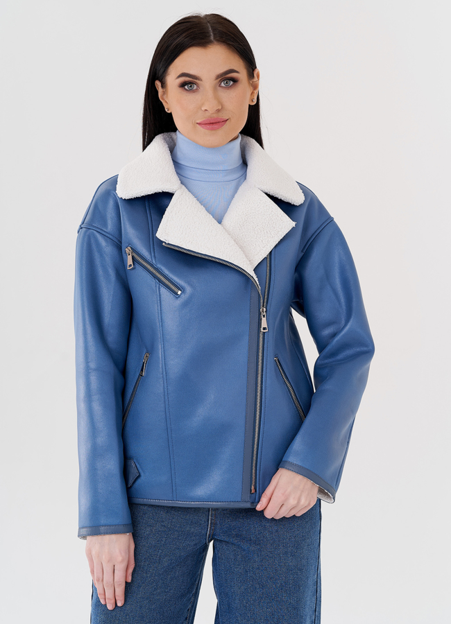 Женская короткая эко дубленка в голубом цвете модель № 24314 универмаг малина
