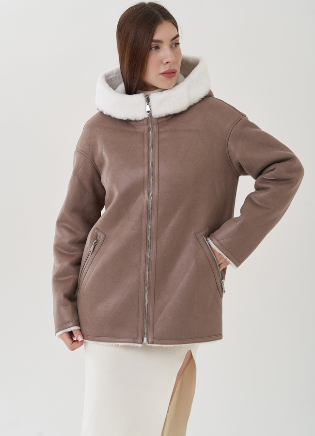 Двухсторонняя женская дубленка из эко замши  модель № 25407 меха малина