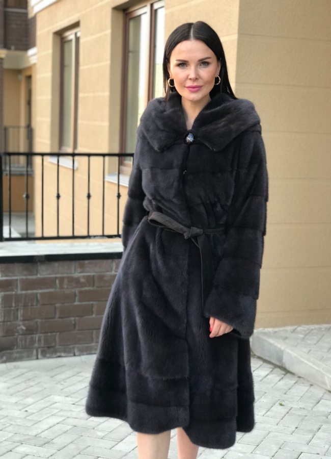 Норковая шуба с капюшоном  модель № S-769 меха малина