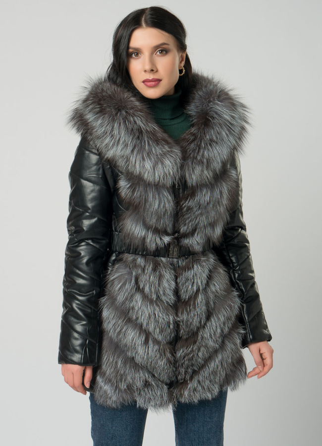 Пуховик трансформер из эко кожи черного цвета с чернобуркой модель № 19560, 76642 меха малина