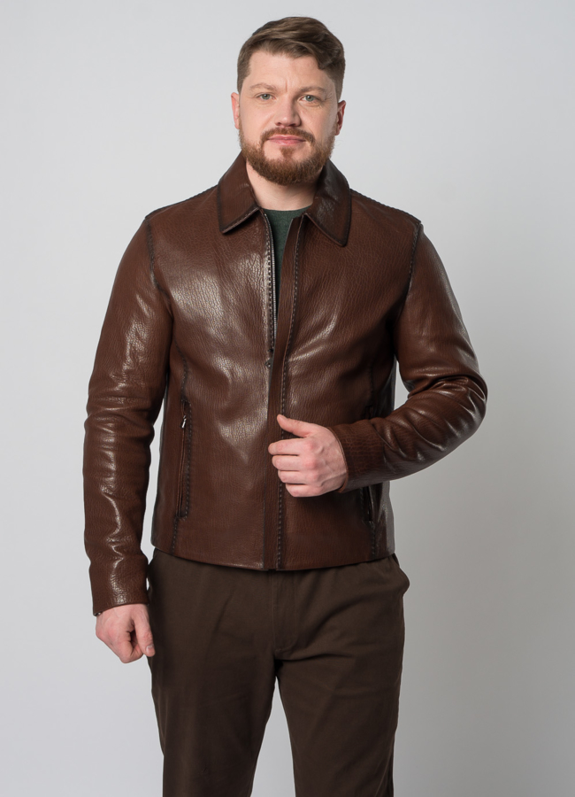 Мужская куртка из натуральной кожи модель № Е16 меха малина