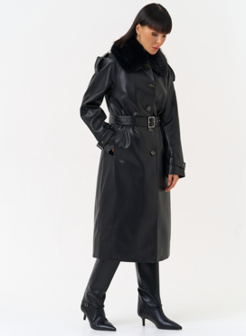 Женское утепленное пальто из экокожи с воротником из эко меха Женское утепленное пальто из экокожи с воротником из эко меха