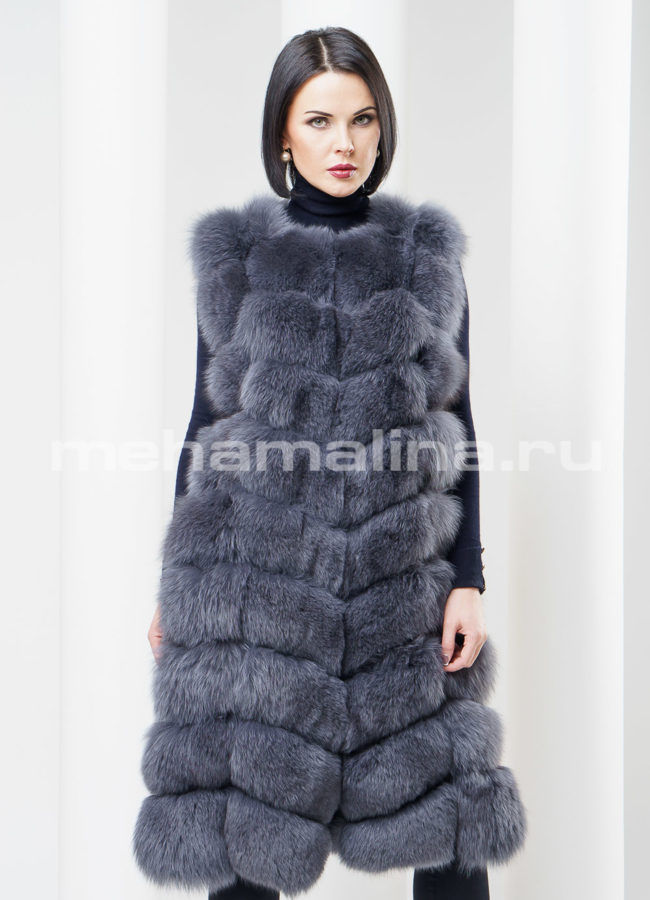 Длинный меховой жилет из песца модель № M-83 меха малина