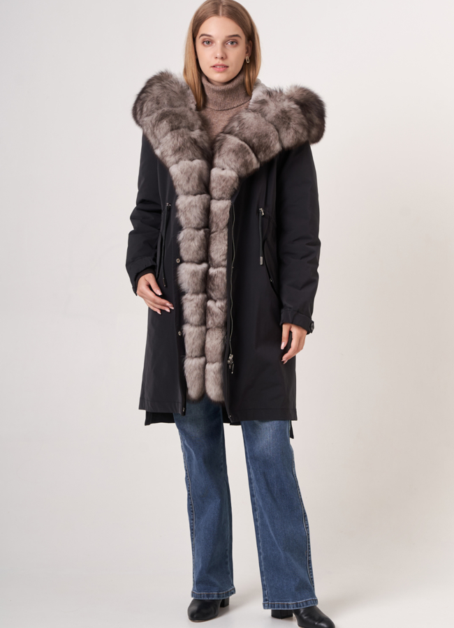 Парка с меховой отделкой с капюшоном на молнии модель № 3952 меха малина