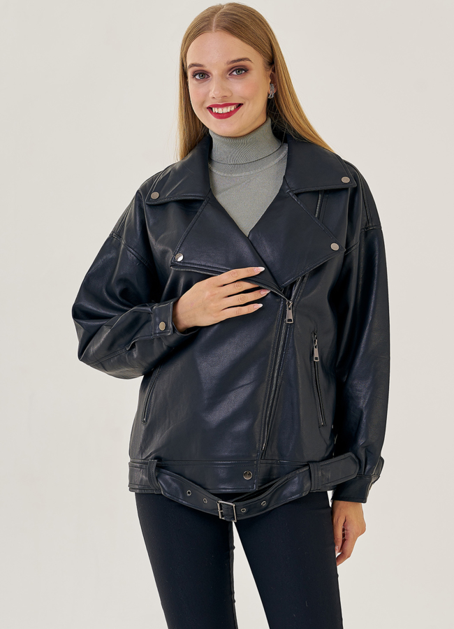 Женская куртка оверсайз из эко кожи в черном цвете модель № 22571 универмаг малина