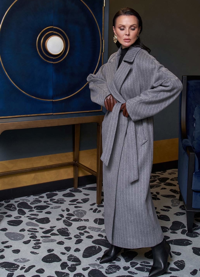 Длинное пальто в полоску модель № 28086 в кредит