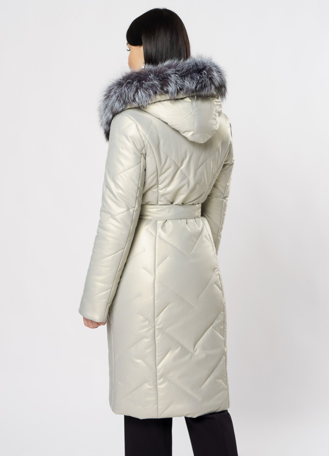 Удлиненный пуховик из эко кожи с чернобуркой модель № 19347 в рассрочку