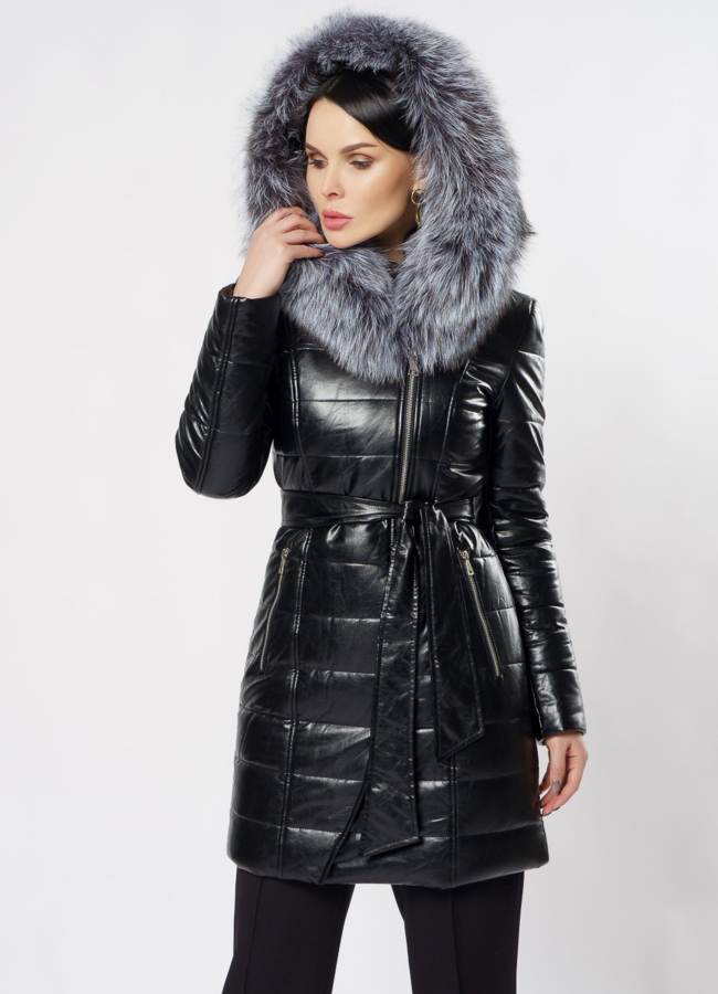 Пуховик из эко кожи с капюшоном  модель № 8779 универмаг малина